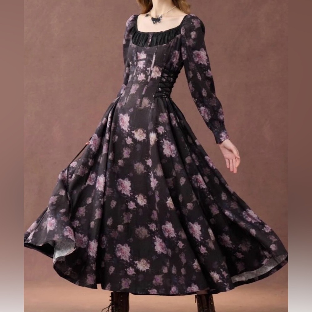 100% Linen Victorian Style Floral Long Sleeve Dress Size XS